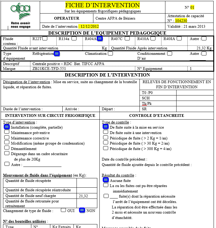Fiches d'intervention AFPA